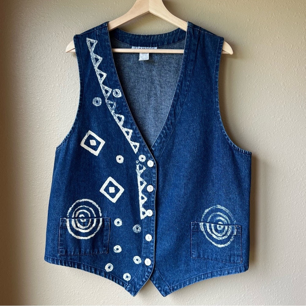 VTG Denim Vest Stampede Women’s Size L 80’s 90’s USA Made Bleached Designs Boho